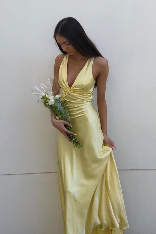 V Neck Yellow Satin Bow Back Party Dress Gala Dresses Elegant