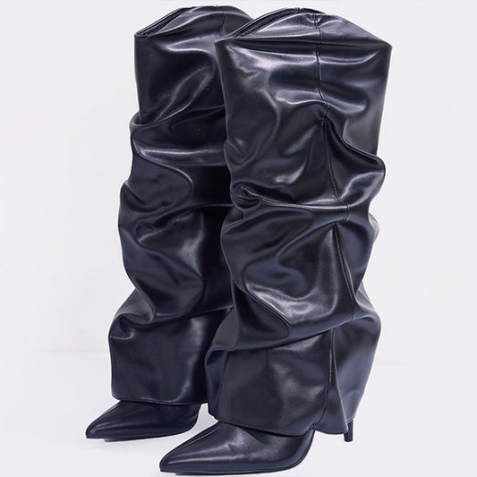 Women's Black Pointed Toe Wrinkled Fold-Over Boots with Stiletto Heel