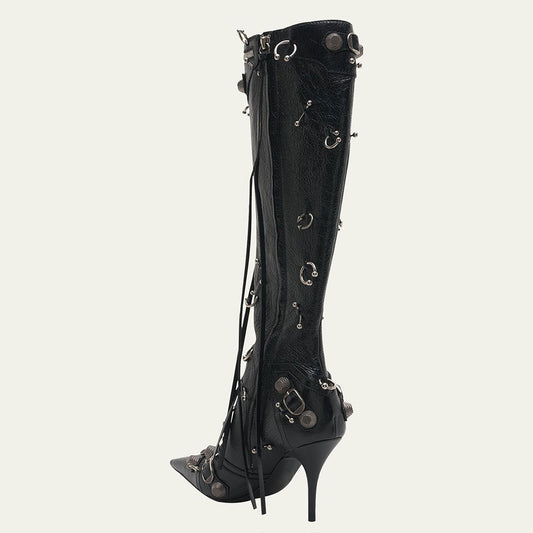 Black Pointed Toe Studded Buckled Knee High Boots with Ring-Piercing