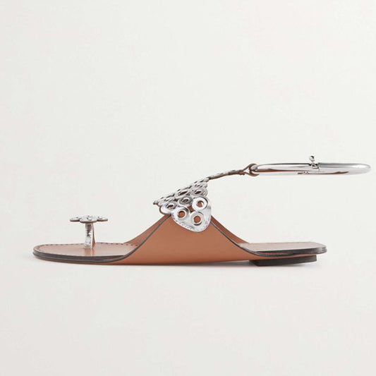 Brown Toe Ring Sandals Silver Cut Out Embellished Ankle Strap Flats