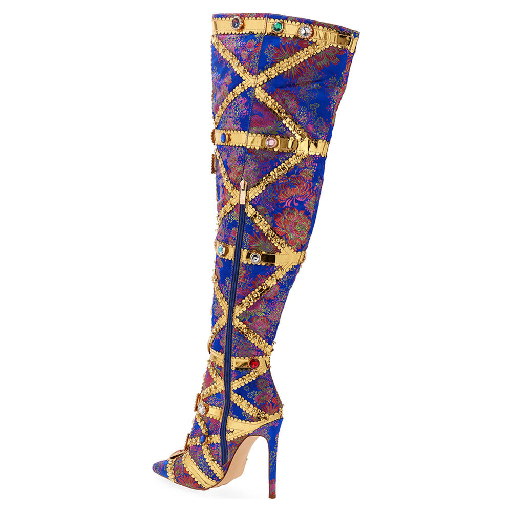 Blue Floral Jacquard Stiletto Heel Knee High Boots with Gem Decor