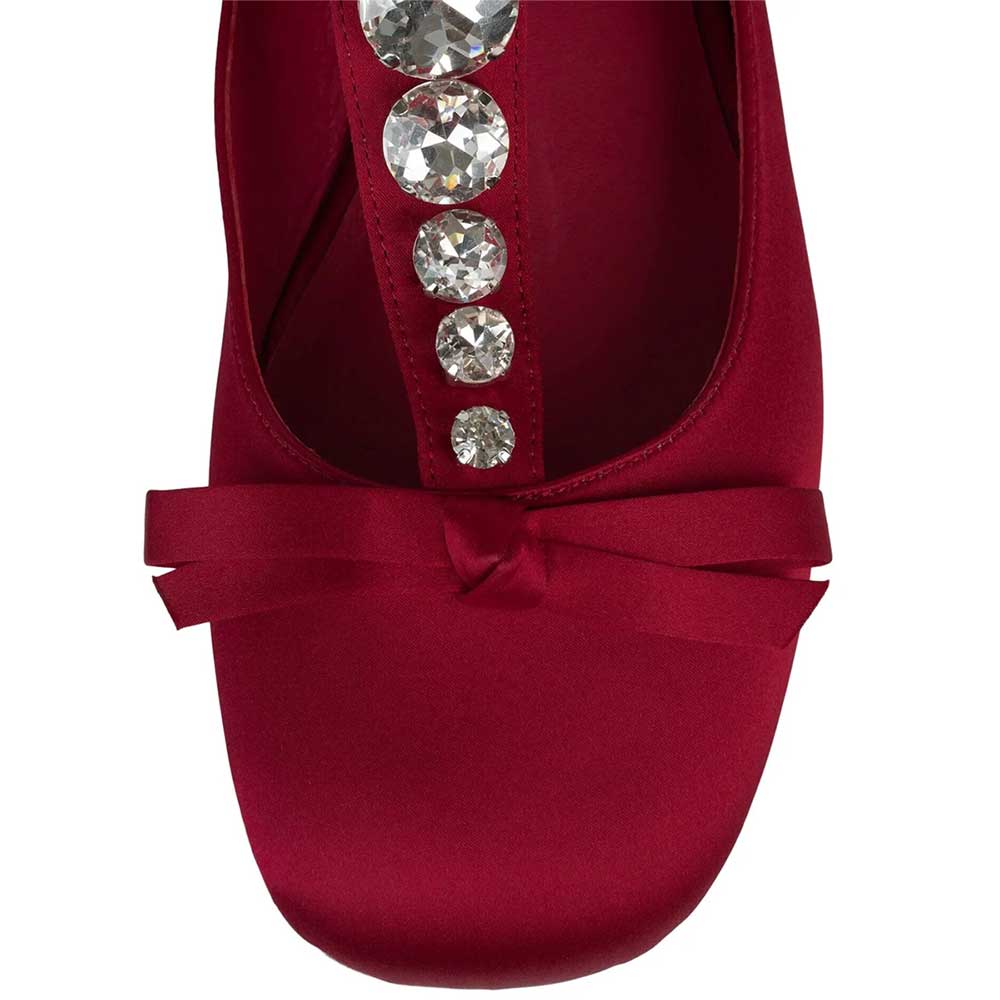 Satin Rhinestone T-Strap Bow Decor Mary Jane Flats in Red