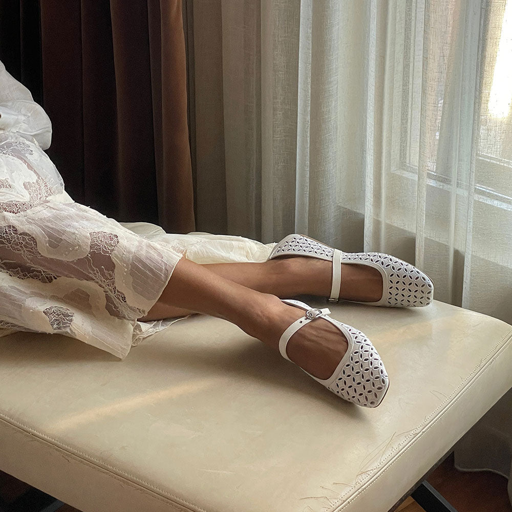 FSJ Casual White Sqaure Toe Cut-Out Ballet Flats with Straps