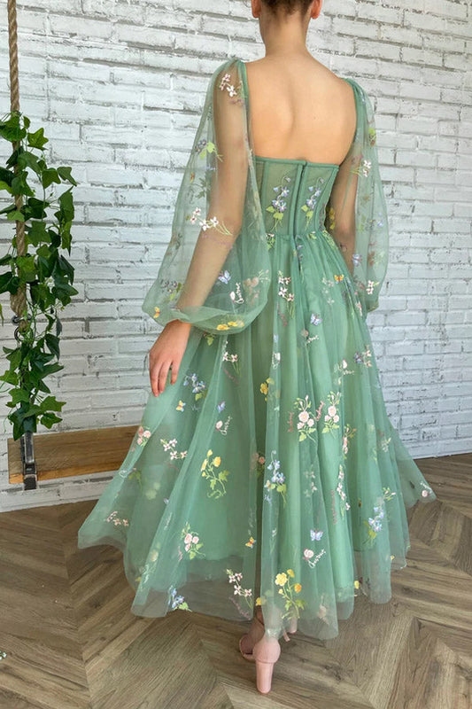 Sweetheart Green Tulle Tea Length Prom Dresses With Embroidery,WP373
