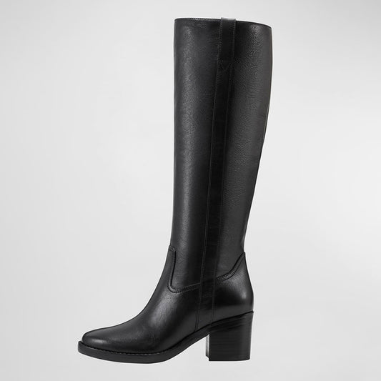 Black Round Toe Pull-on Block Heel Knee High Boots for Women