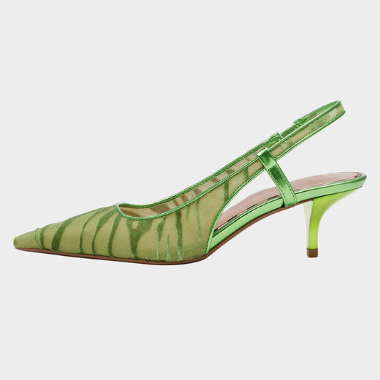 Women's Green Zebra Pattern Pointed Toe Slingback Kitten Heel Pumps