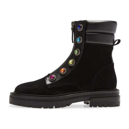 Black Round Toe Rainbow Rhinestone Front Zip Flat Ankle Boots