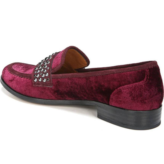 Burgundy Velvet Round Toe Studded Strap Low Heel Women's Loafers