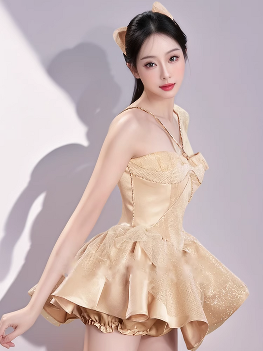 Vintage Golden Halter Dress Design A-line Satin Ruffled Hem Party Dress Homecoming Dress TP3831