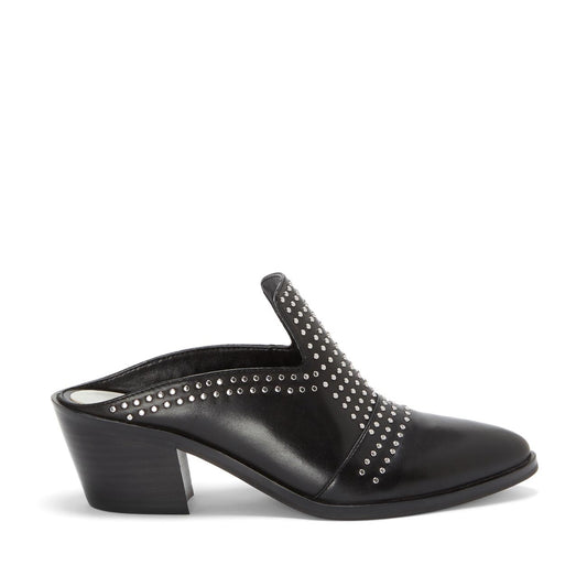 Black Block Heels Almond Toe Studded Mule Loafers for Women