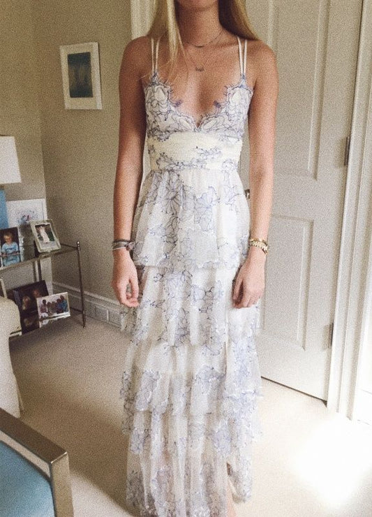 PM469,Spaghetti Straps Long Prom Dresses, Floral Print Ruffles Evening Prom Dress