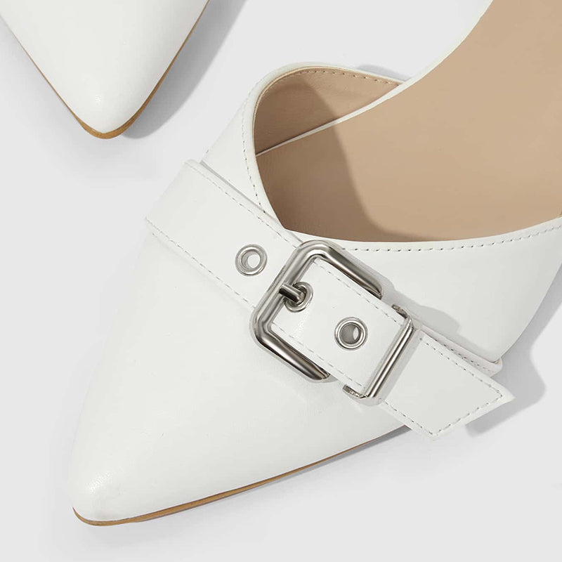 White Pointed Toe Flats Grommets Buckled Ankle Strap Low Heel Shoes