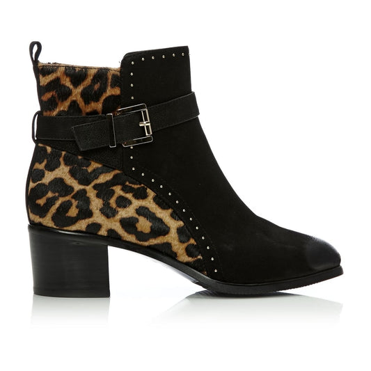 Black & Brown Leopard Print Ankle Boots Round Toe Studs Booties