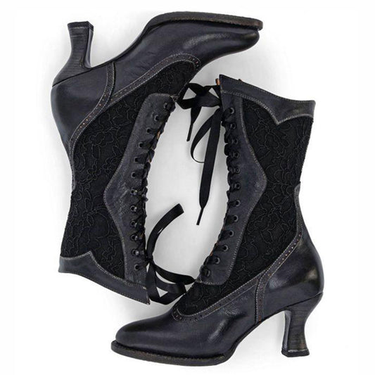 Black Lace Almond Toe Spool Heel Mid Calf Boots for Women with Ribbon