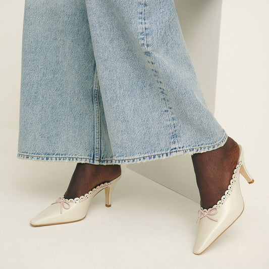 Beige Snip Toe Kitten Heel Wave Edge Mules Shoes with Bow Strap