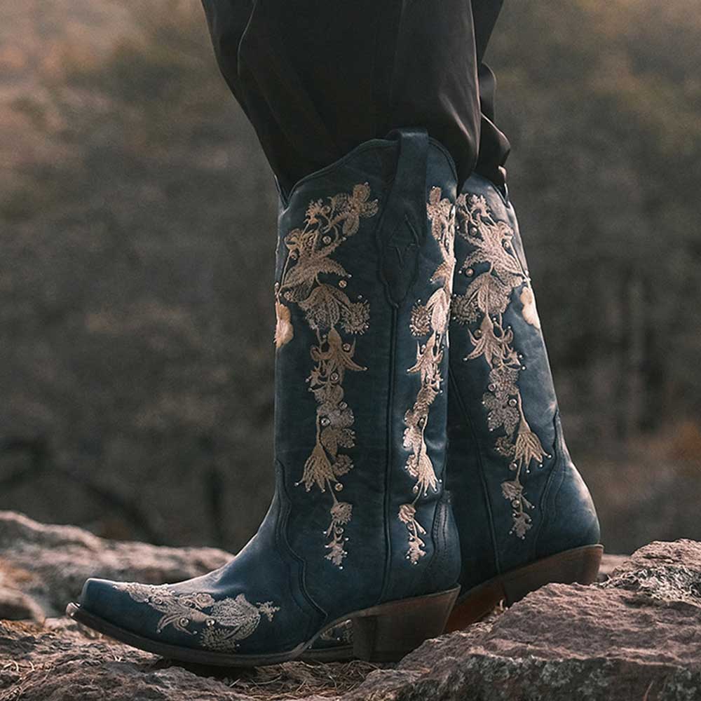 Teal Vegan Suede Embroidered Chunky Heel Mid Calf Cowgirl Boots