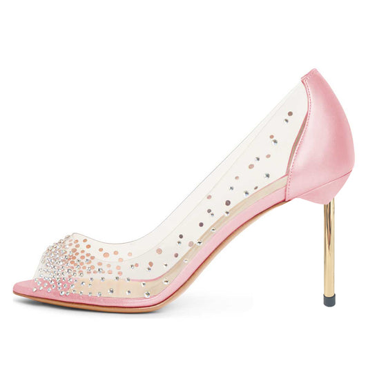Women's Clear Heels Peep Toe Rhinestone Pumps Shoes in Pink