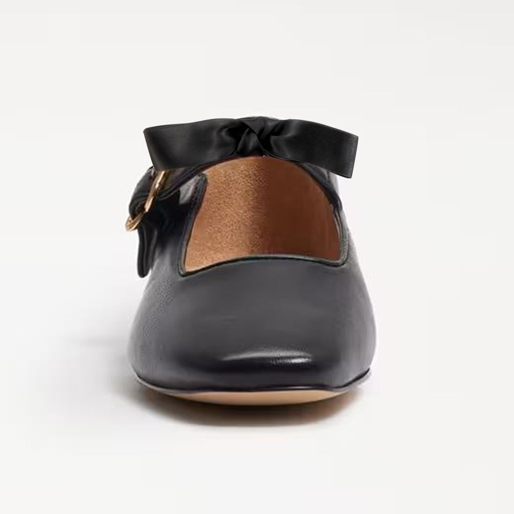 Black Square Toe Flats With Buckle Chunky Low Heels