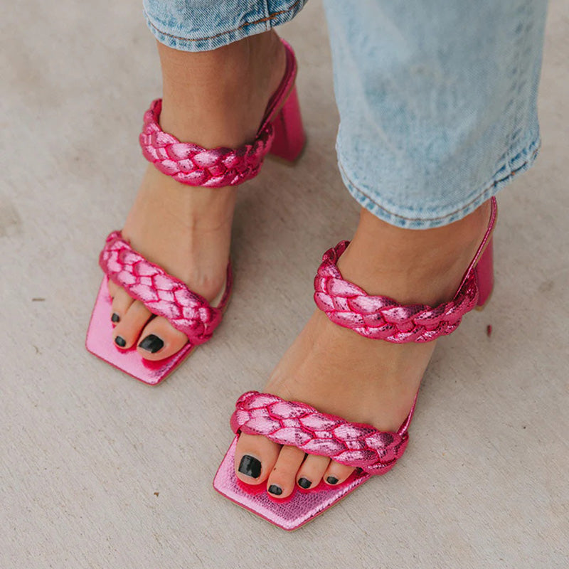 Hot Pink Square Toe Woven Double Strap Mules Sandals with Block Heels