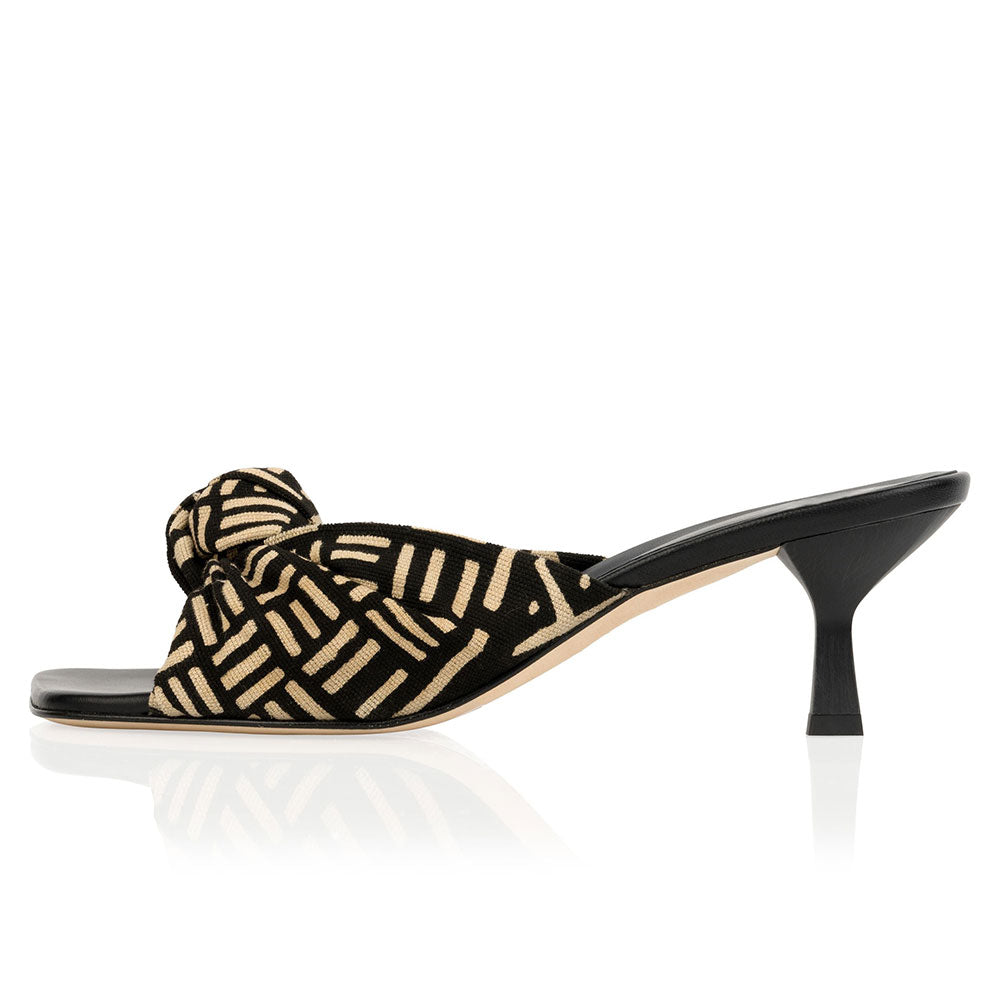 Black & Beige Square Toe Kitten Heel Wide Band Knot Mules