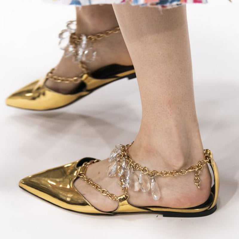 Metallic Gold Pointed Toe Metal Chain Strappy Flats for Women