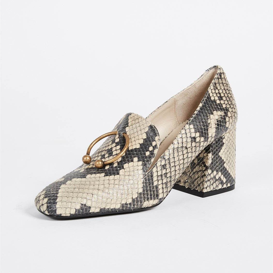 Beige Python Square Toe Heeled Loafers with Metal Ring