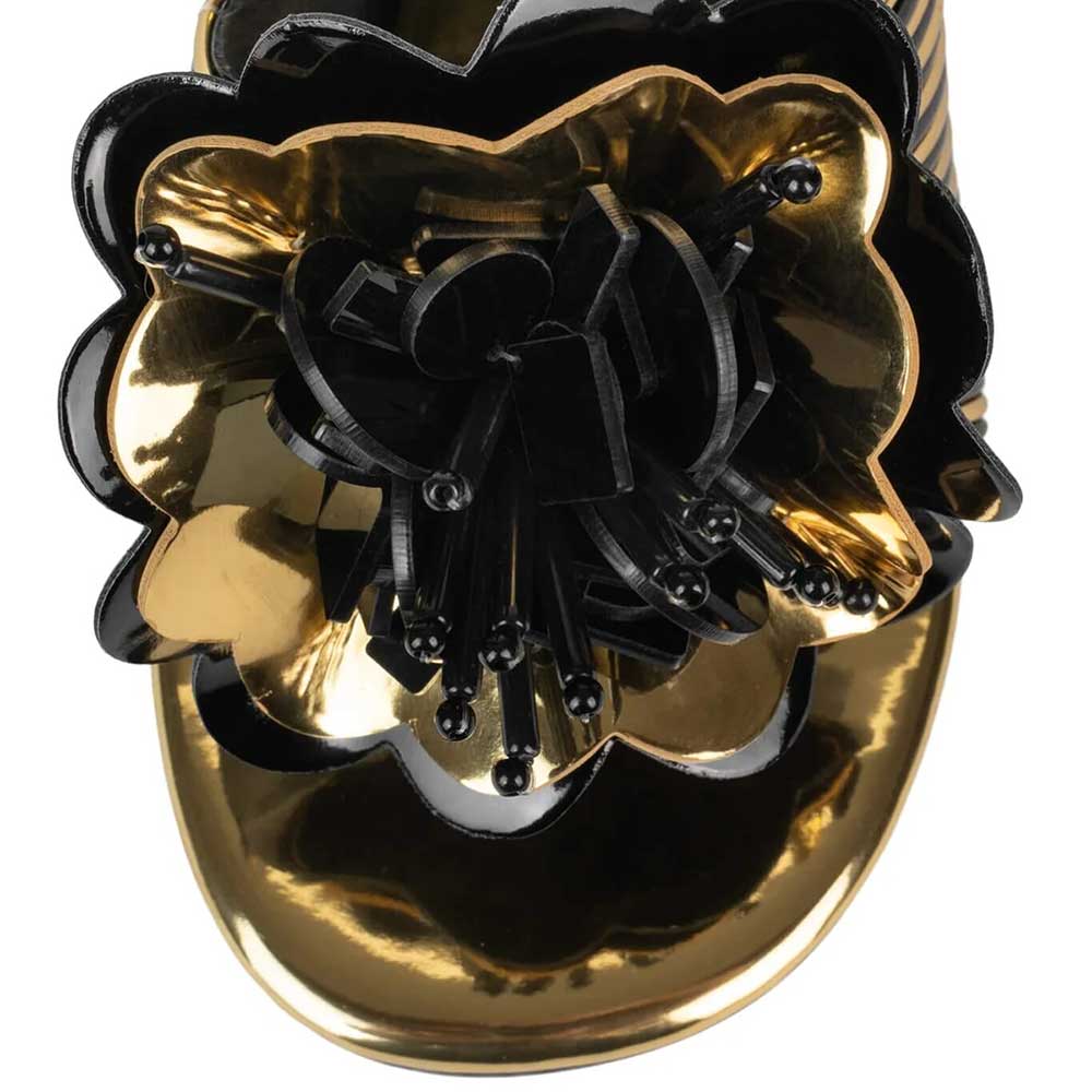 Black & Gold Open Toe Floral Decor Stiletto Heel Mules Sandals