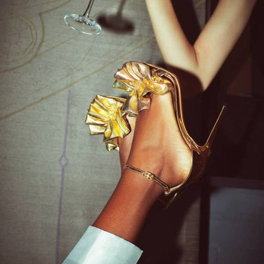 Champagne Patent Leather Ankle Strap Heels Ruched Ruffle Party Shoes