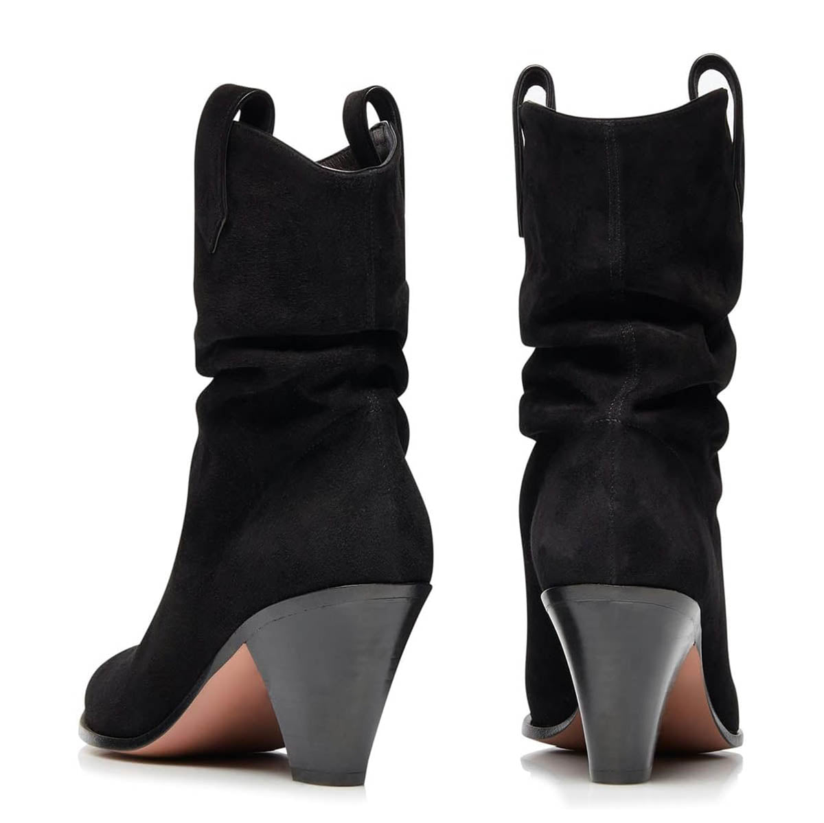 Black Vegan Suede Pointed Toe Cone Heel Pull Tab Mid Calf Boots