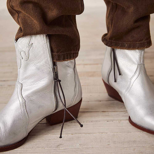 Silver Pointy Toe Booties Stylish Chunky Heel Western Boots for Women