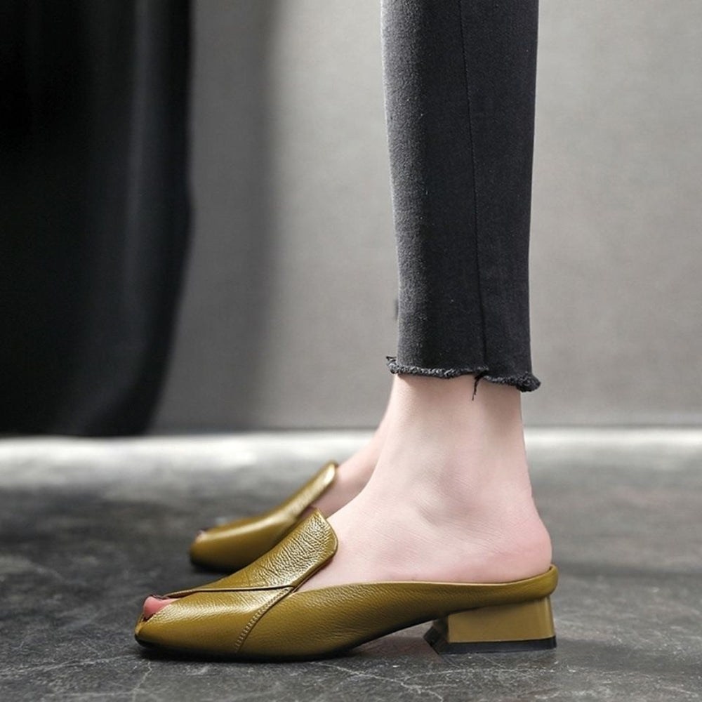 Yellow Opened Toe Chunky Heel Wide Band Mules