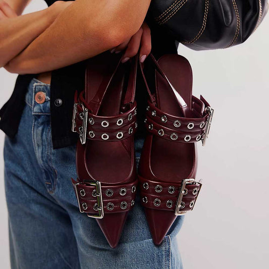 Women's Burgundy Buckle Grommet Strap Pointed Toe Slingback Flats