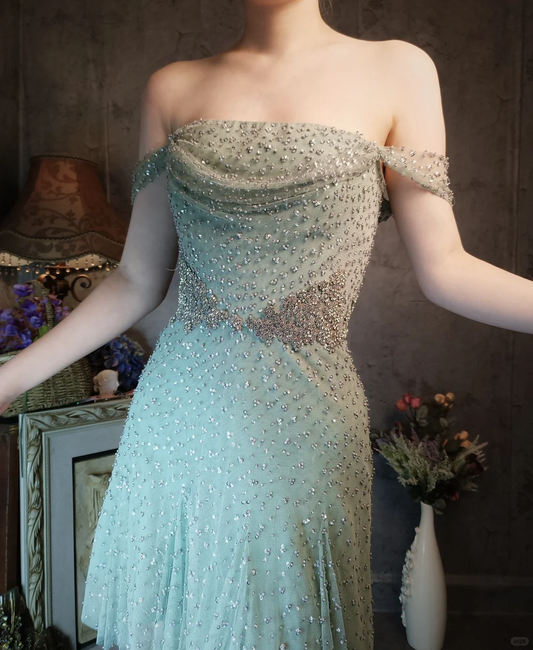 Vintage Light Green Off-the-shoulder Sparkling Beaded Design A-line Short Homecoming Dress TP4023
