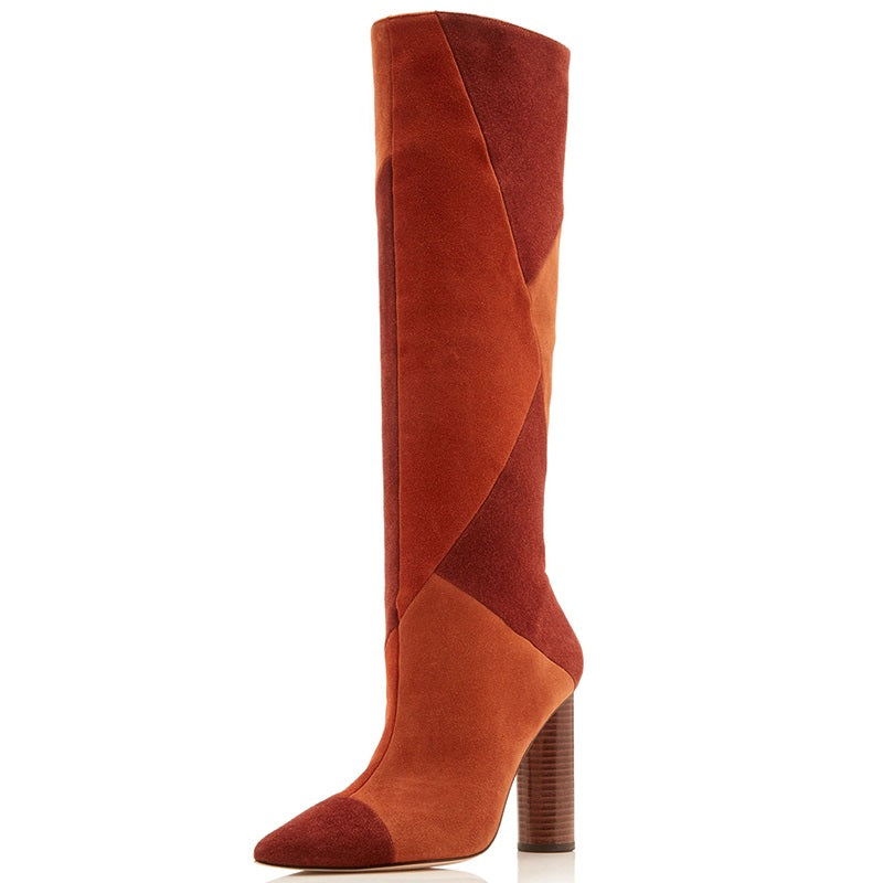 Tan and Brown Vegan Suede Chunky Heel Knee High Boots