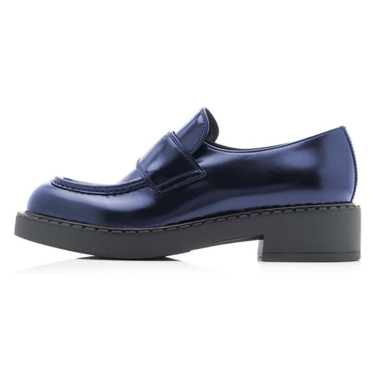 Navy Vegan Leather Round Toe Slip-On Chunky Loafers Women