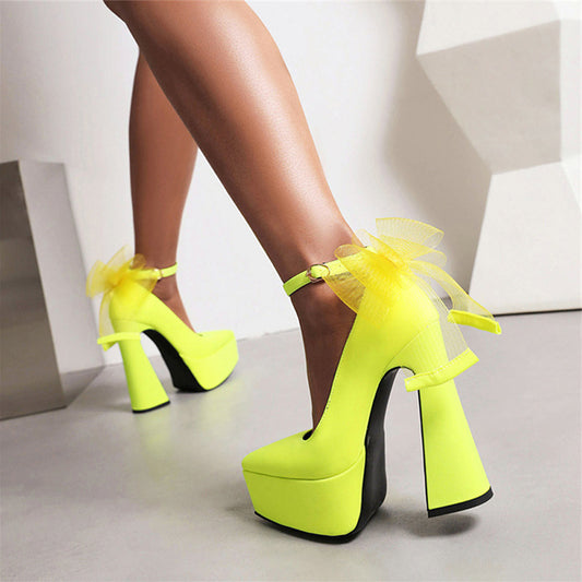 Yellow Ankle Strap Pumps Mesh Bow Embellished Platform Heels