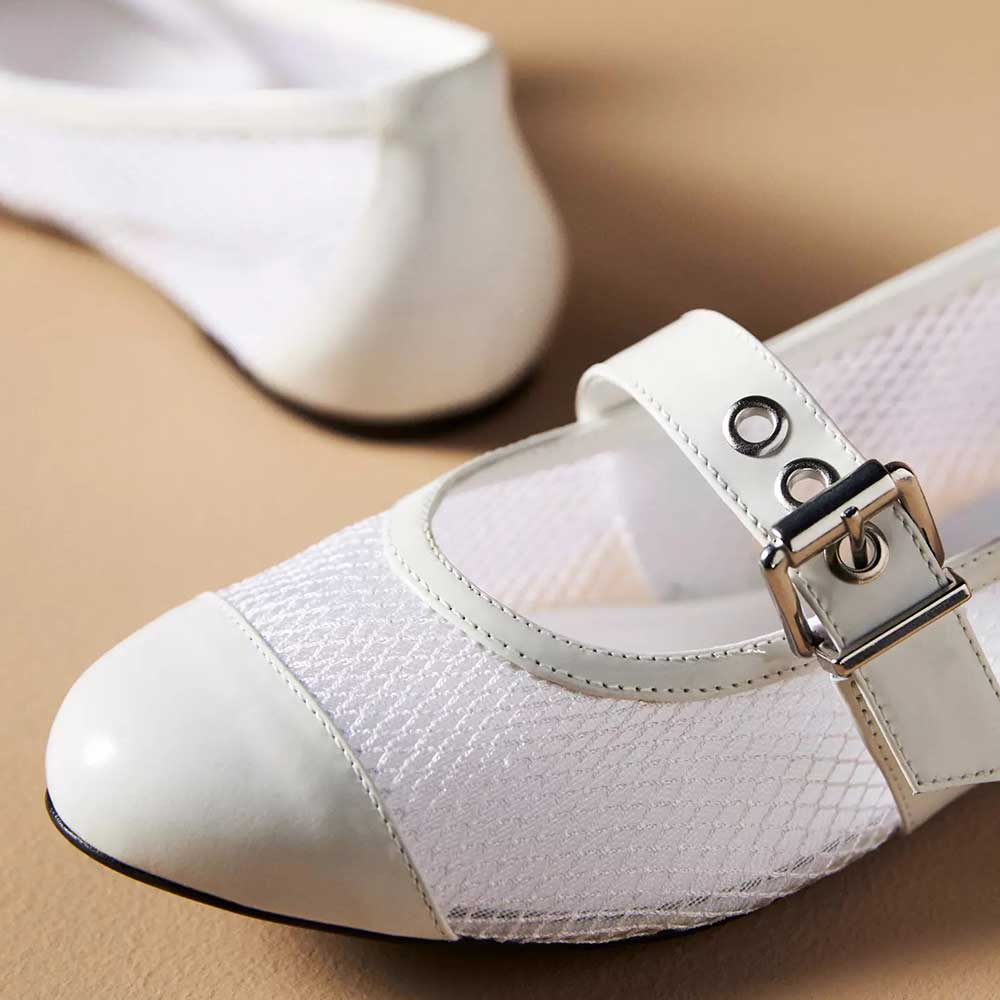 Women's White Mesh Buckle Fastening Studded Strap Comfy Ballet Flats