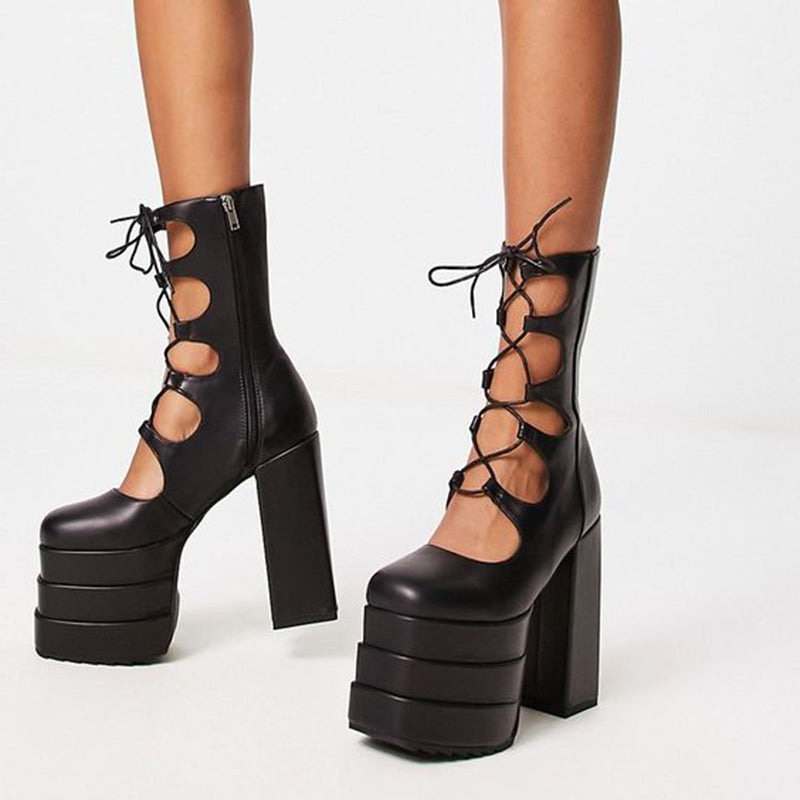 Black Square Toe Cut-Out Lace Up Platform Ankle Boots with Block Heel