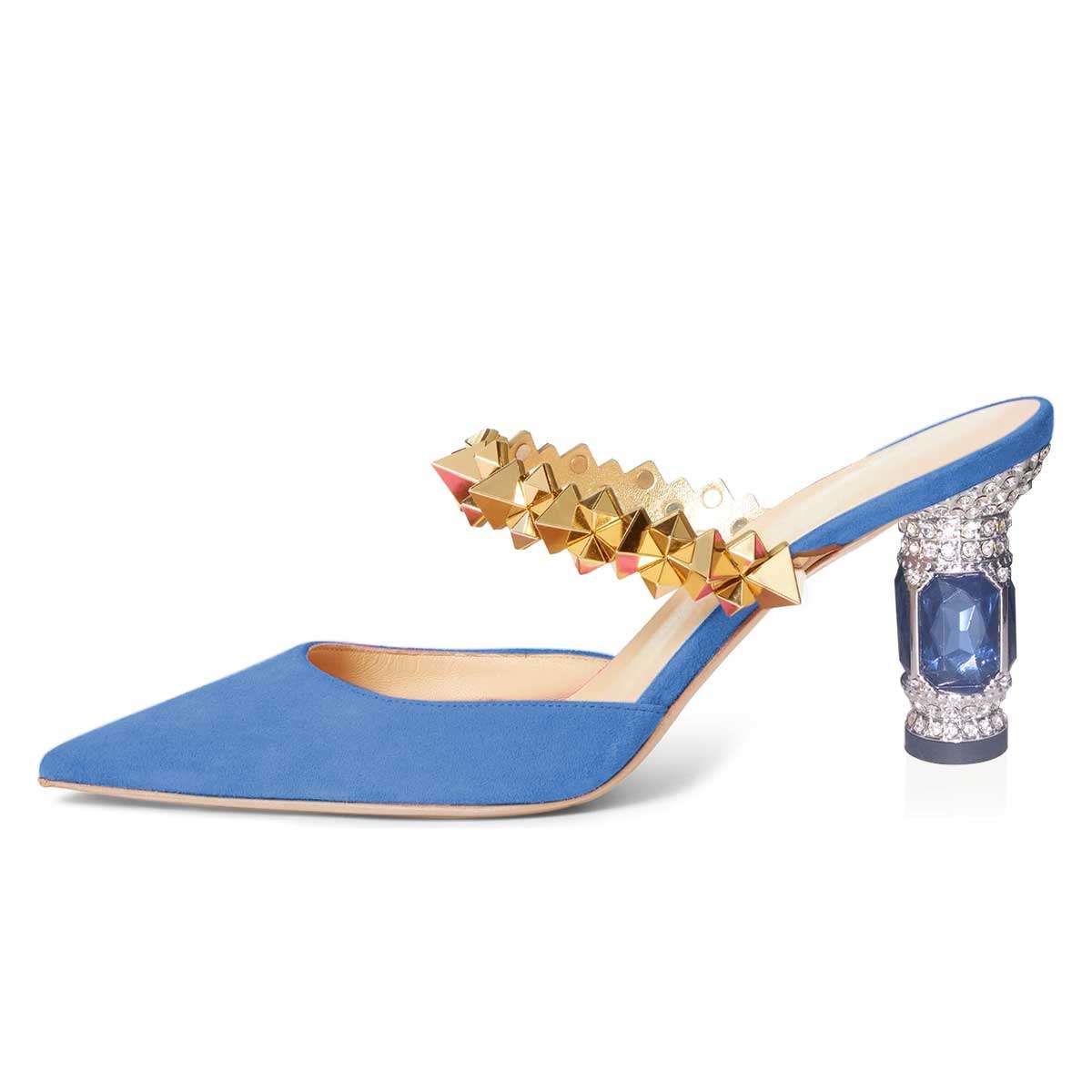 Women's Blue Vegan Suede Pointed Toe Crystal Block Heel Mules