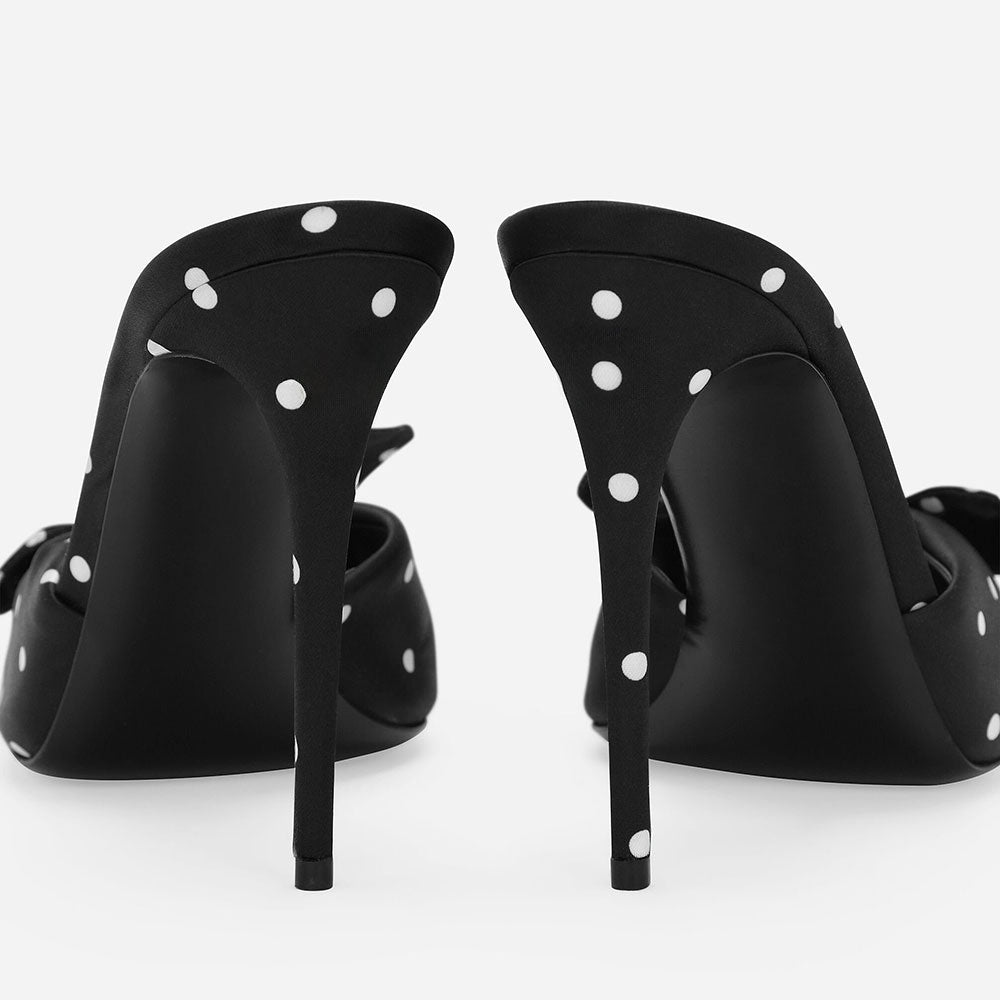 Black & White Polka Dot Open Toe Stiletto Heel Mules Shoes with Knot