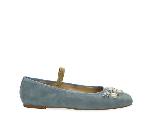 Blue Grey Round-Toe Pearl and Stud Ballet Flats with Straps