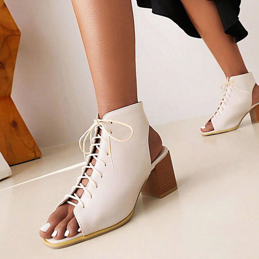 White Square Toe Chunky Heel Lace Up Ankle Boots
