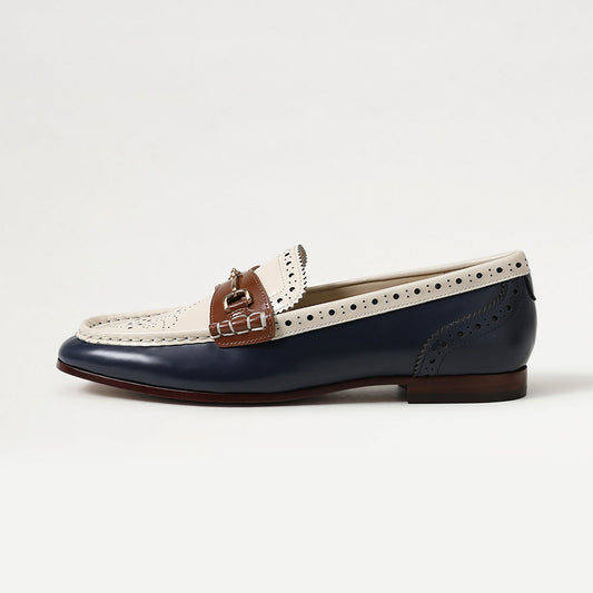 Navy and Ivory Patchwork Horsebit Decor Flat Women's Loafers