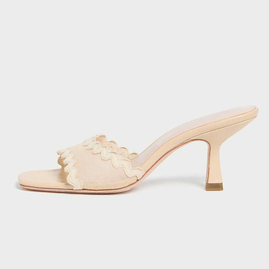 Beige Mesh Open Square Toe Wave Edge Heeled Mules Sandals