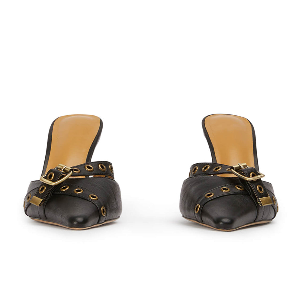 Black Closed Pointed Toe Mules with Chain Detail