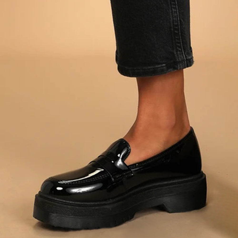 Classic Black Round Toe Patent Leather Chunky Loafers for Women
