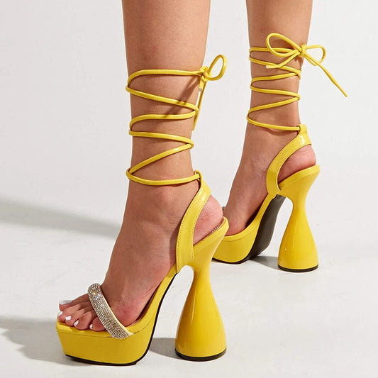 Yellow Platform High Heels Rhinestones Strap Shoes Platform Sandals