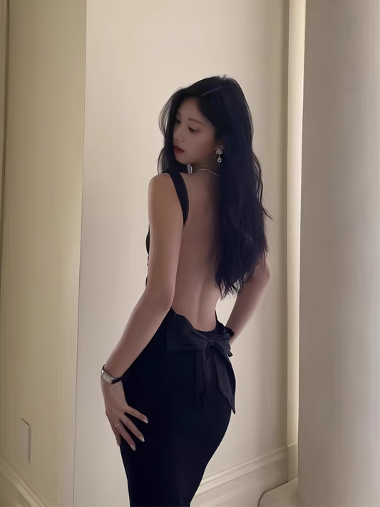 Elegant Black Bowknot Backless Mermaid Long Prom Dress Evening Dress TP4352