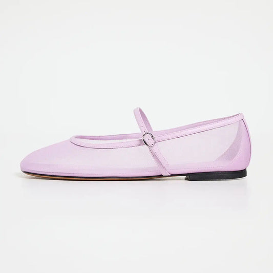 Lavender Mesh Square Toe Buckled Bridge Strap Mary Jane Flats