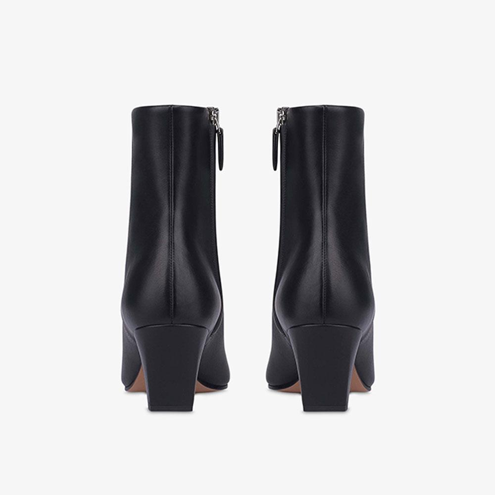 Black Pointed Toe Block Heel Side Zipper Ankle Boots for Women